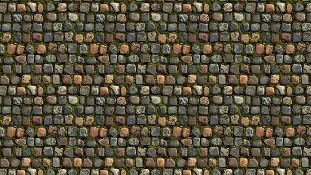 Stone cobblestone wall with green moss