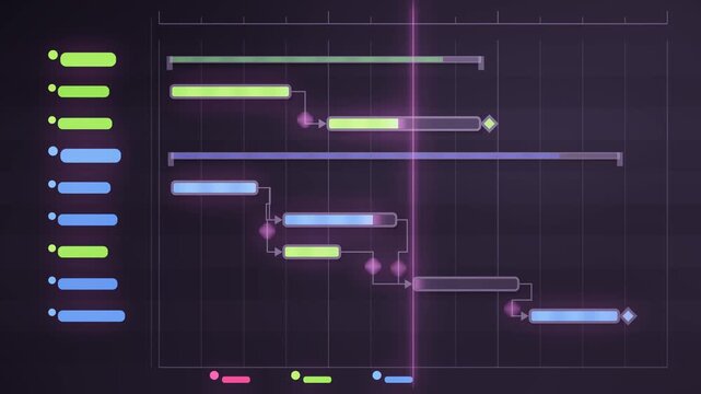 Animated Gantt Chart Project Timeline With Filling Progress Bars and Dependency Arrows, Seamless Loop in deep plum tones