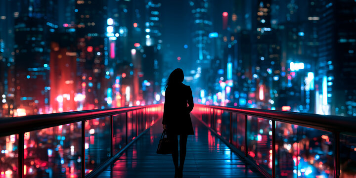 Business Woman Walking on Skybridge Over Futuristic Cyberpunk City
