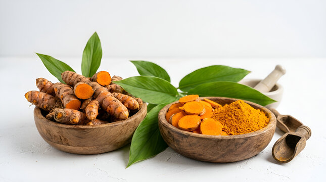 Two wooden bowls one with fresh whole turmeric rhizomes and one with yellow powder slices, fresh green leaves small spoon, natural herbal spice for cooking jamu healthy