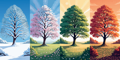 Naklejka premium Four seasons vector tree displaying seasonal changes in a nature landscape scenery