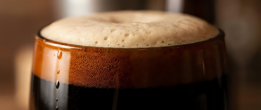 Dark beer with thick foam head in glass, close-up of beverage