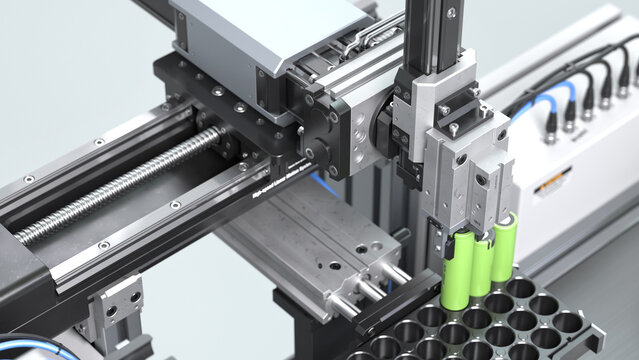 Automated high-speed linear motion system picking and sorting green lithium-ion battery cells into a pack module on an assembly production factory line. Close-up 3D rendering illustration.