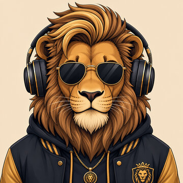 A stylized portrait of a lion wearing headphones and sunglasses with a gold frame on an isolated background. T‑shirt print.