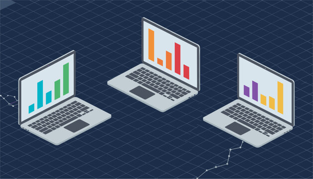 Three isometric laptops showcase colorful bar charts and data growth metrics displayed on their screens against a dark grid pattern background.