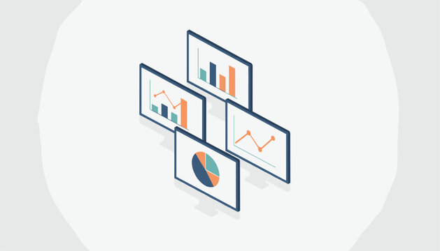 Group of four floating computer monitors display various financial charts and performance graphs in an isometric view against a light gray background.