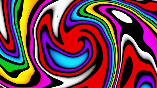 A vibrant abstract design featuring swirling patterns and bold colors, creating a psychedelic effect that evokes a sense of movement