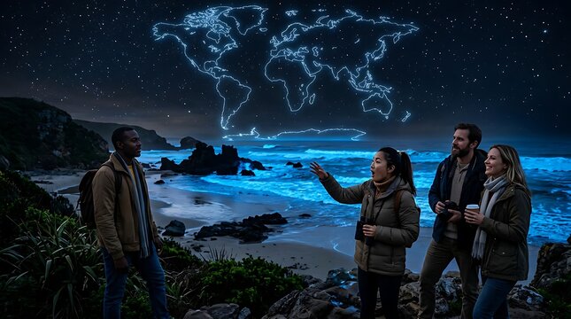 Travelers celebrate world tourism day with glowing map at night beach