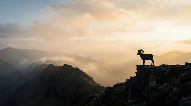 Silhouetted goat standing on rocky mountain peak at sunrise