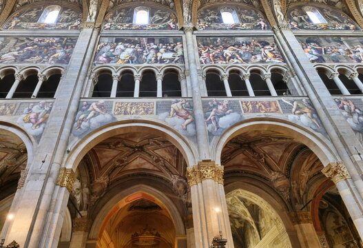 The Parma cathedral fresco, architecture and artworks details. Emilia Romagna, Italy.