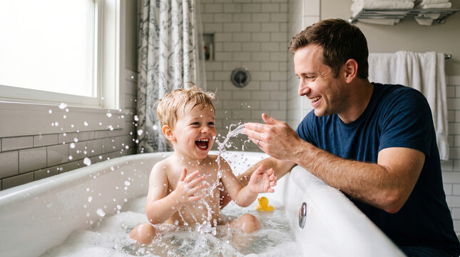 Father and Son Enjoying Bath Time Splashing Water and Bubbles Together