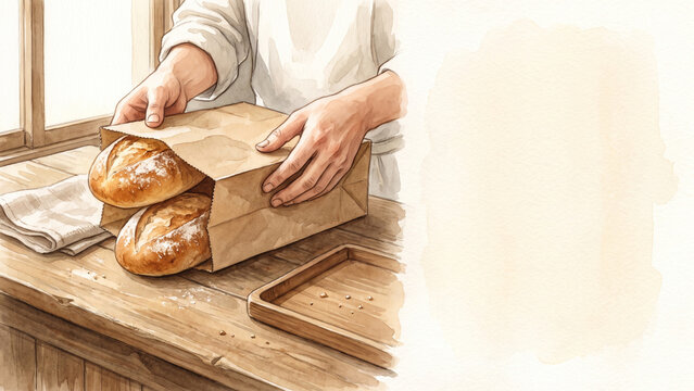 Watercolor Illustration of Baker Placing Freshly Baked Bread into Paper Bag on Rustic Wooden Counter