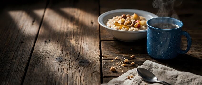 Rustic breakfast setup with granola bowl and blue enamel mug