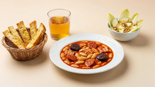 Traditional Asturian fabada with chorizo, blood sausage, toasted bread, cider, and a salad of endive, green apple, and walnuts, set on a beige linen table with space for text.