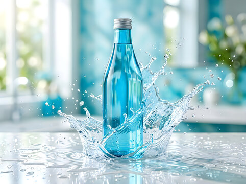 Clear glass bottle with water splashing on a table