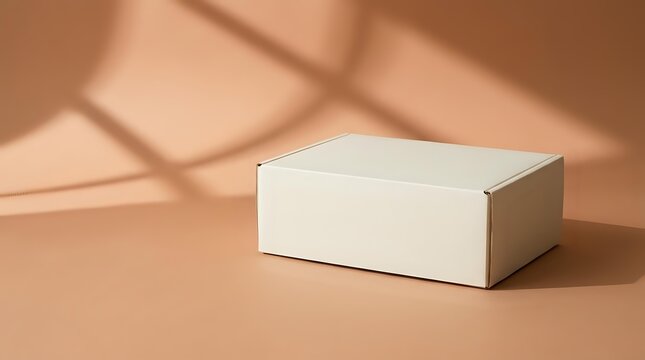 Blank white cardboard box on tan background with shadow overlay