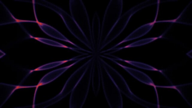 Dark orange and purple liquid caustics with kaleidoscope symmetry and grainy contrast for seamless loop motion backgrounds, titles, and screensavers.