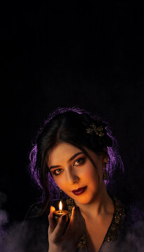 A mysterious woman in dark attire holding a lit small candle in a smoke-filled, shadowy setting with dramatic purple light illuminating her face and hair