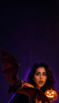 A shocked young woman holding a glowing mini jack-o'-lantern as a small bat flies nearby, framed by a dark background with vibrant purple and yellow light