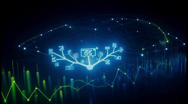Abstract digital data flow network visualization futuristic financial analytics graph technology background