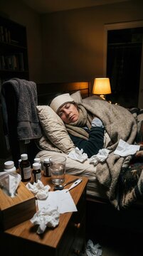 Sick Person Resting Under Blankets Feeling Unwell At Home