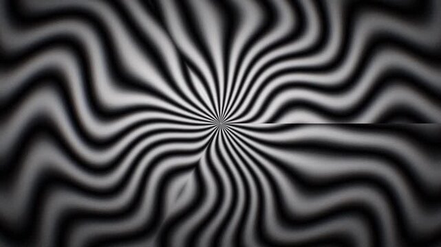 Dark cinematic black and white wavy light ridges with kaleidoscope symmetry and gradient contrast, perfect for seamless loop motion background, titles, and wallpaper.