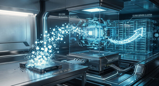 Futuristic workstation cutaway with a damaged SSD dissolving into data cubes, an operating system rebuilding, and a backup arrow toward a server cluster.