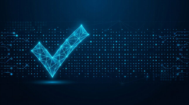 Glowing blue digital twin checkmark symbol representing smart manufacturing quality control and successful data verification in a futuristic high tech network system background illustration.