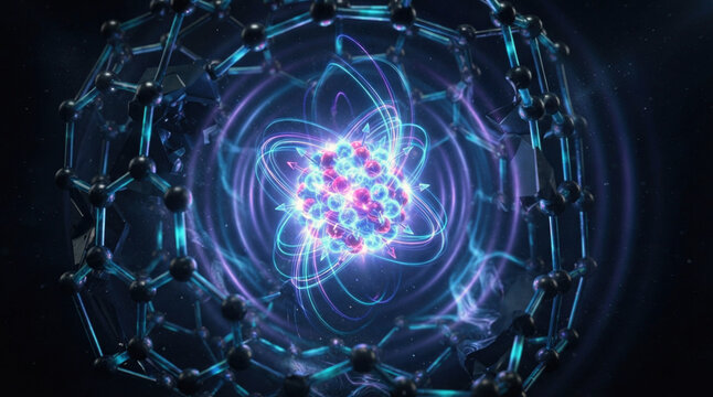 Zinc isotope nucleus cutaway with proton neutron clusters, spin vectors, and magnetic field lines
