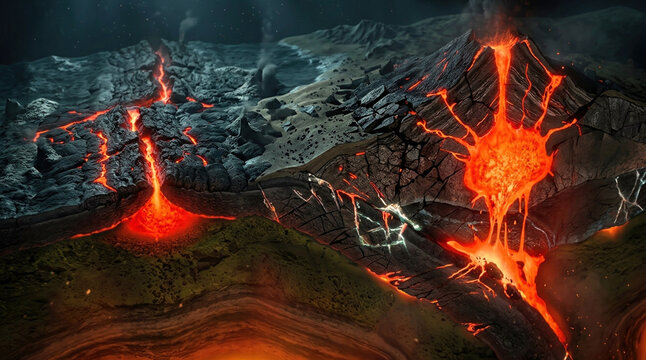 Undersea tectonic plate breakup with seafloor spreading, subduction, lava channels, and volcanic crust deformation