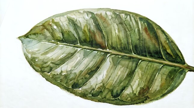 Watercolor painting of green striped leaf with detailed veining