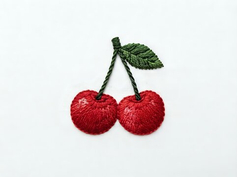 Two red cherries with green stem and leaf on white background