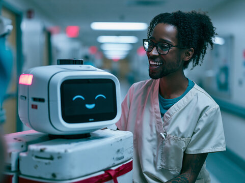 Smiling Nurse Interacting with Delivery Robot in Hospital Corridor
