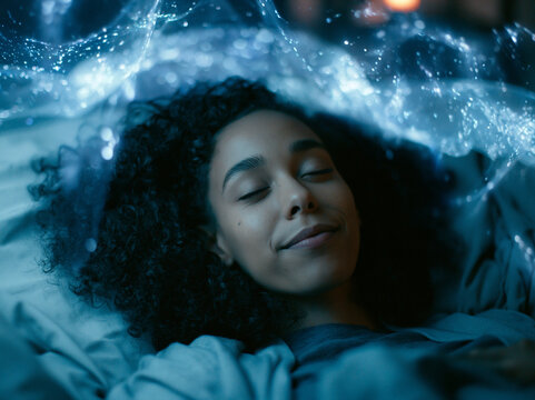 Young Woman Sleeping Peacefully with Glowing Dream Waves