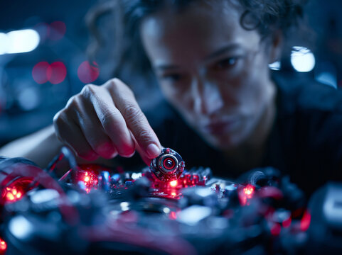 Female Engineer Assembling Advanced Robotic Optical Sensor Component