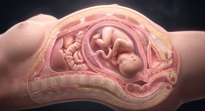 Pregnant torso cutaway with fetus, abdominal tissue, adipose layers, and metabolic particles visualizing bmi change and postpartum body mass trajectory.
