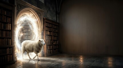 Fototapeta premium Llama with glowing neon halo standing in library with bookshelves