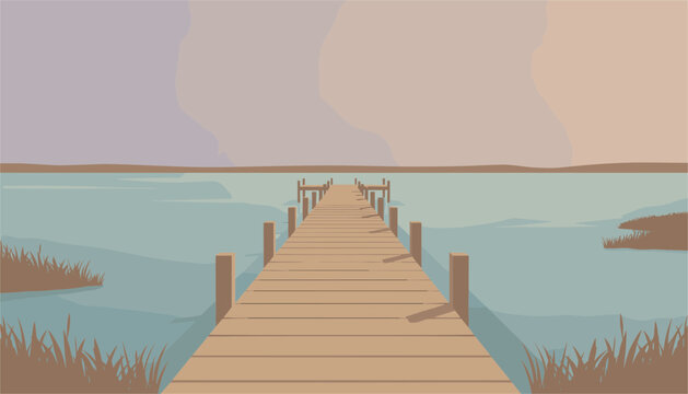 Tranquil wooden pier overlooking a quiet lake with marsh grass in the foreground under a gentle twilight sky in a clean flat vector art for scenery.