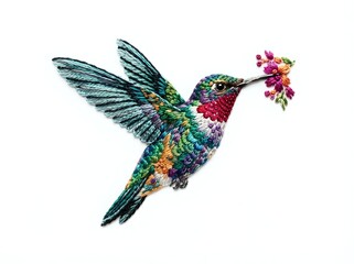 Fototapeta premium Colorful hummingbird with iridescent plumage in flight carrying small pink flowers, isolated on white background for nature and wildlife designs.