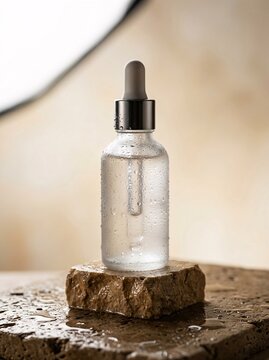 Cold face serum bottle in glass container with condensation droplets on a textured stone podium
