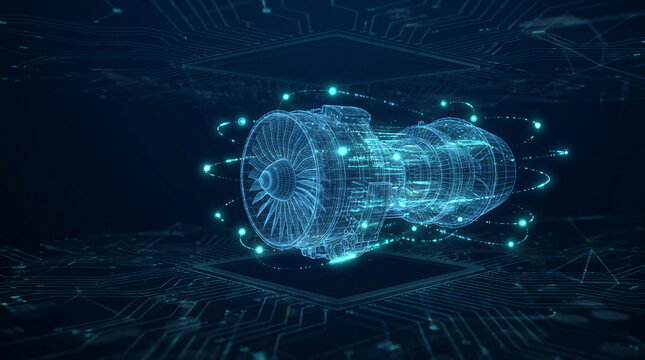 Digital Twin technology concept showing a glowing holographic wireframe model of a jet engine turbine representing smart manufacturing and advanced industrial engineering simulation.