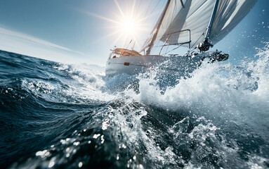 Obraz premium Sleek sailboat races through rough ocean waves. Water splashes high, creating white foam. Bright sun shines on blue sea. Dynamic yacht sailing fast during summer day.
