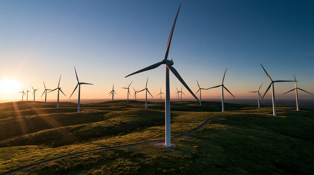 Wind Turbines on Green Hills at Sunset