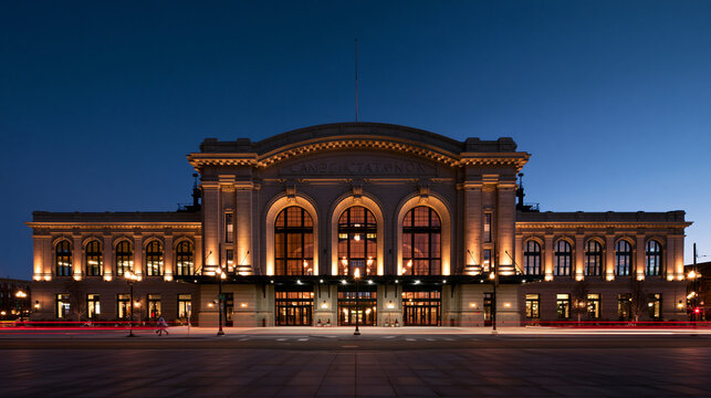 Historic Denver Union Station Facade Illuminated at Twilight