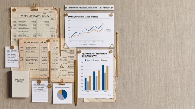 Financial Analytics and Business Revenue Charts on Bulletin Board