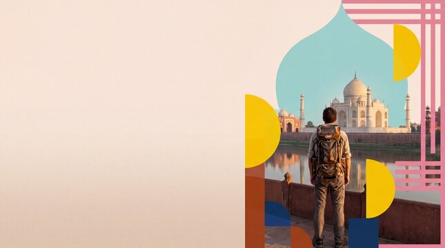 Traveler with Backpack Looking at Taj Mahal in India