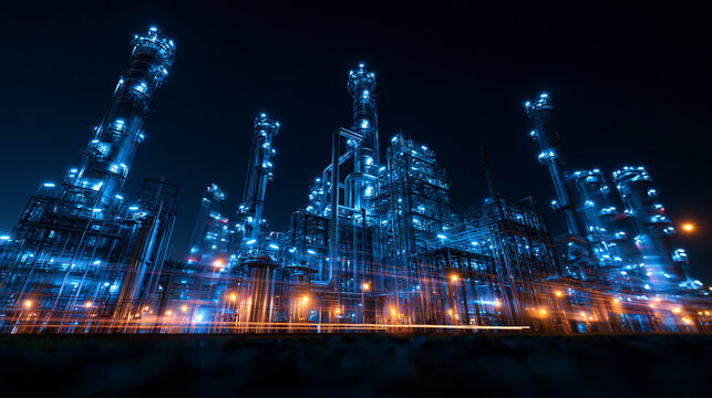 Oil Refinery and Petrochemical Plant Illuminated at Night
