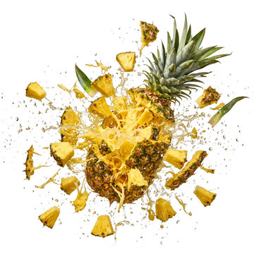 Exploding ripe pineapple with crown leaves and juicy splash isolated on white background fruit explosion juice splash bursting fruit tropical frui
