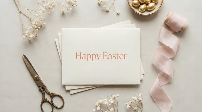 Happy Easter greeting card with dried baby's breath flowers and ribbon