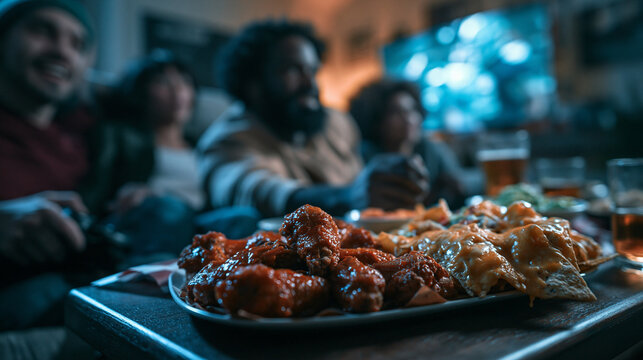 Friends Watching TV with Chicken Wings and Nachos Snacks